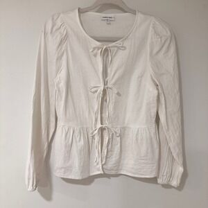 Willow + Root Tie Front Peplum Top Women Small White Puff Sleeve | Cottagecore